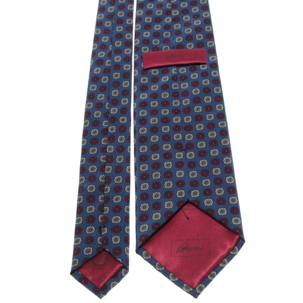 Brioni NWOT Neck Tie in Blue with Cream & Red Geometric Floral Print 100% Silk